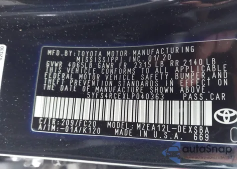 2020 Toyota Corolla Se z USA, uszkodzony, nr VIN 5YFS4RCEXLP040363